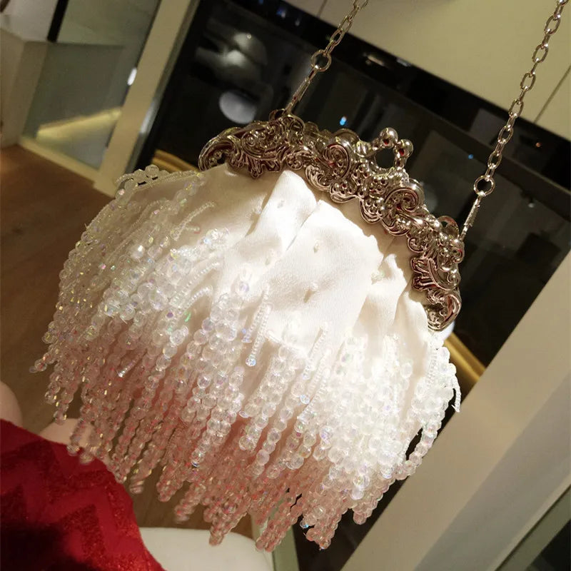 Women Evening Clutch Bag Diamond Clutch Female Bead Crystal Beads Tassel Day Clutch Wedding Purse Party Banquet