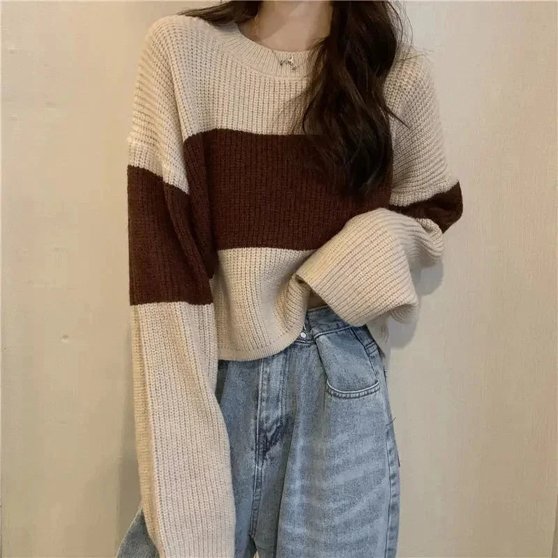 Retro Striped Loose Women's Sweater Design Sensation Lazy Style Short Knitted Shirt Age Reduction Small Audience