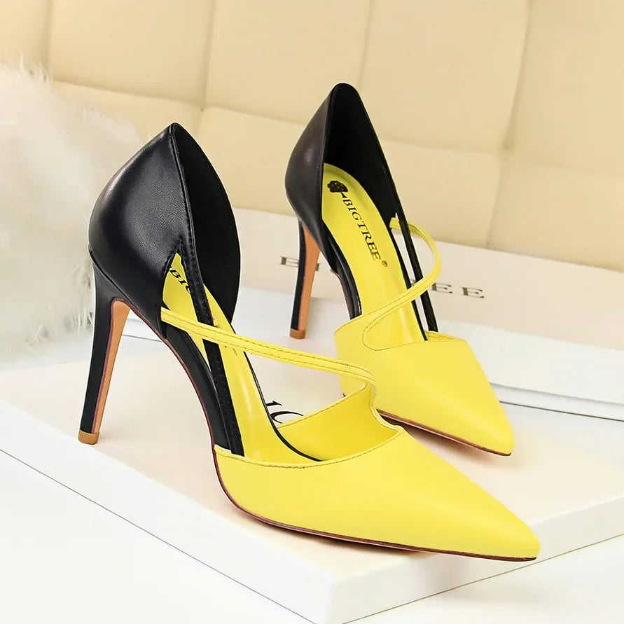 Women 9.5cm High Heels Sandals Nightclub Stripper Heels Sexy Patchwork Party Ankle Strap 2 tone Shoes