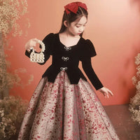 Girls Satin Mesh Tutu long Gown Children French Bubble Sleeve Princess Dress Christmas Prom Dress Birthday New Year Gift 3-15Y Natalia Home Fashion    Natalia Home Fashion