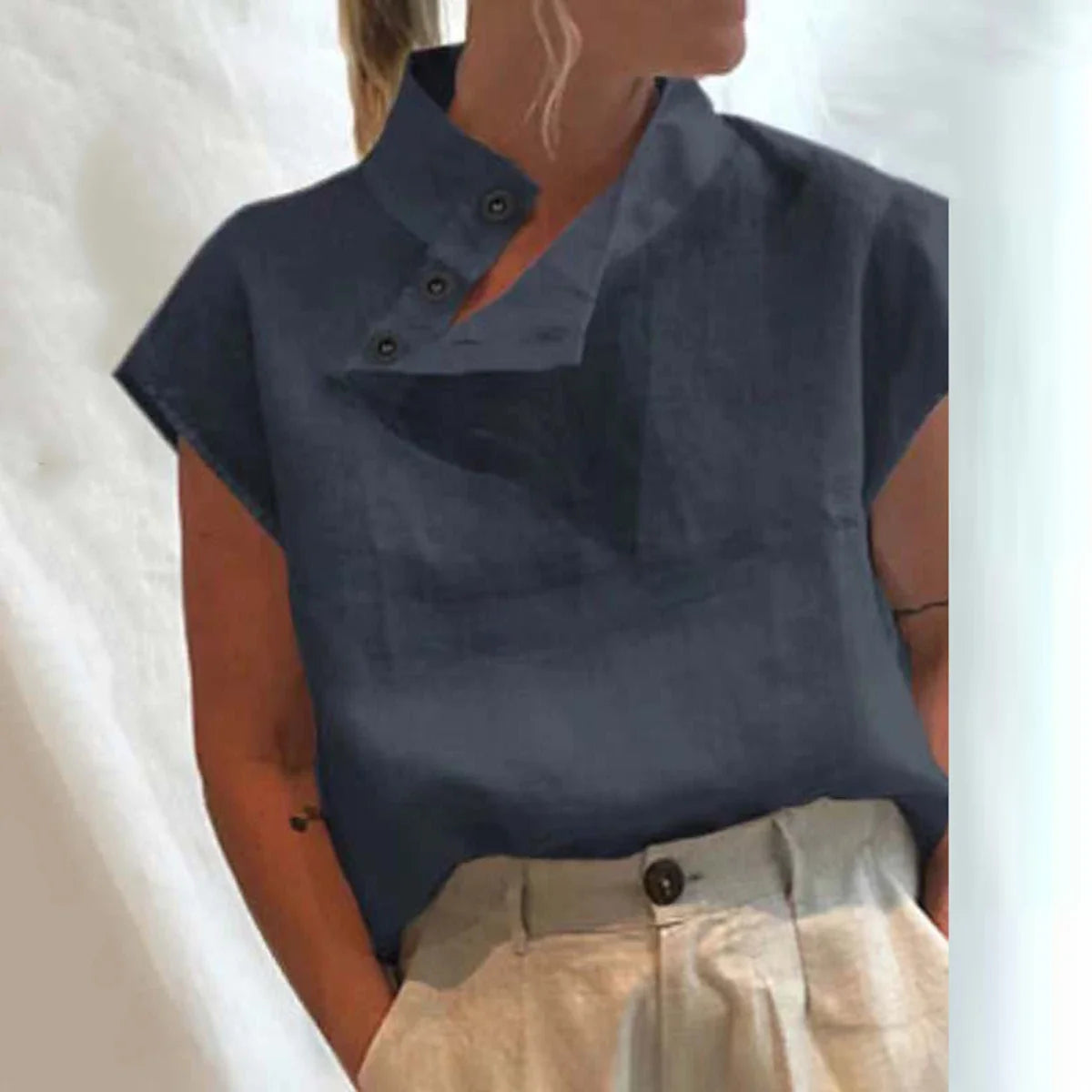 Women Cotton Linen Stand Collar Blouses Cap Sleeves Solid Color Loose Fit Casual Fashion Female Shirts Tops