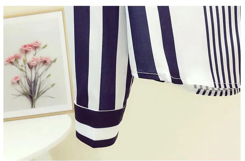 Office Lady Turn-down Collar Straight Loose Button Dress Shirts Blue Striped Long Sleeve Blouses Spring Thin Women's Clothing