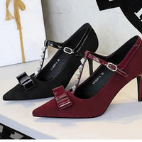 Banquet Bow Rivet T-button Pointed Head High Heel Women's Single Shoes