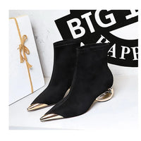 Street Style Fur Metal Hollow Heel Modern Faux Suede Short Boots for Women Metal Pointed Toe Low Heel Boots Female