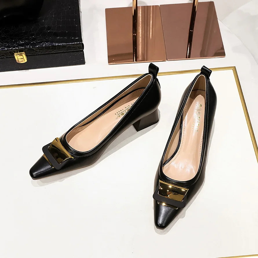 Professional Women's Shoes With Shallow Mouth Small Square Toe Metal Buckle 4.5CM Thick Heel Shoes