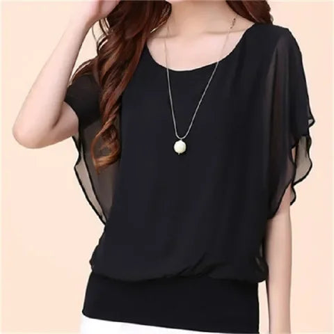 New Spring Summer 2024 Plus Size Women's Clothing Chiffon Short Sleeve Bat Wing Shirt Loose Fit Slimming T-Shirt For Women Natalia Home Fashion    Natalia Home Fashion