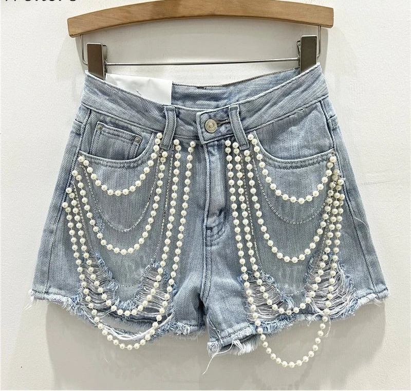 Denim Summer Shorts for Women's Bottoms Pearls Fashion Casual Shorts