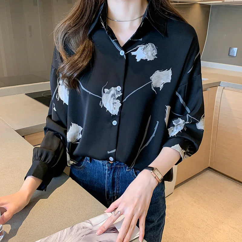 Women's Blouse Long Sleeve Rose Printed Fashionable Chiffon Shirt Long Sleeve Top