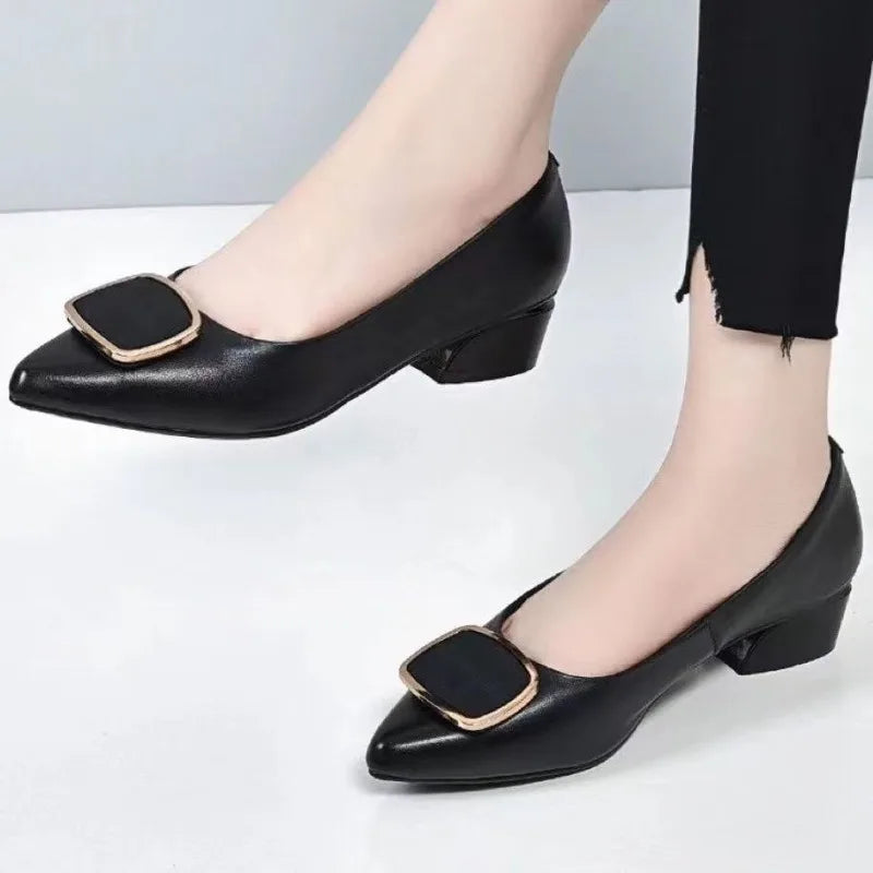 Women Pointed Toe Square Heel Shoes Chunky Heels Casual Slip on Lady High Quality Comfort Pumps