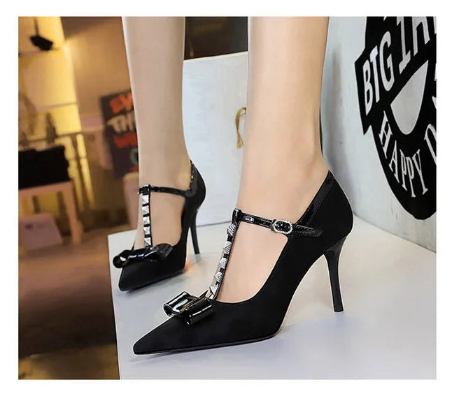 Banquet Bow Rivet T-button Pointed Head High Heel Women's Single Shoes