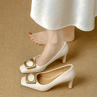 Basic Shallow Square Toe Women Pumps High Quality PU Leather Matte Thick Heel Office Shoes Woman Maroon 7CM High Heels