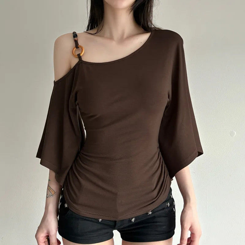 Retro Spice Girl T-shirt Collar Pleated Off Shoulder Beaded Slanted Short Sleeved Summer Casual Slimming Fit Top for Women