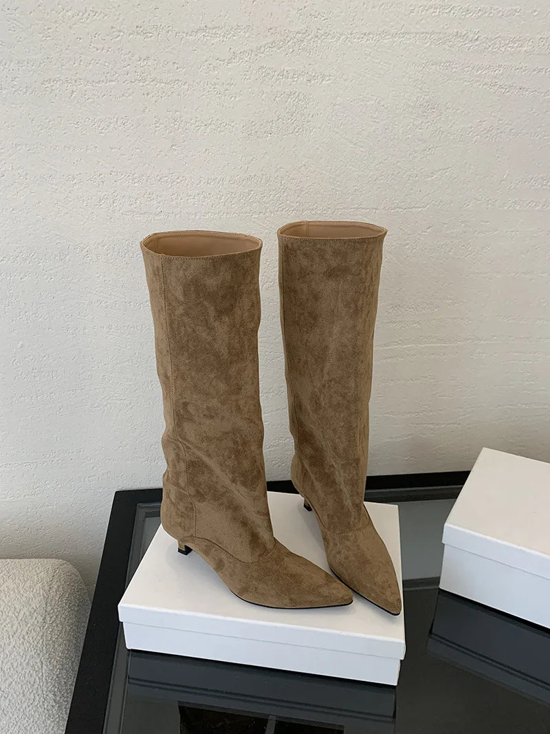 Street Style Pointed Toe Knee-High Boots Women Low Heels Shoes Female Long Booties Women Shoes