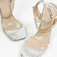 Women's Sexy High Heels Glass Glue Metal Chain Footwear Square Head Thin Heel Sandals Cross-Border Rubber Bottom Shoes