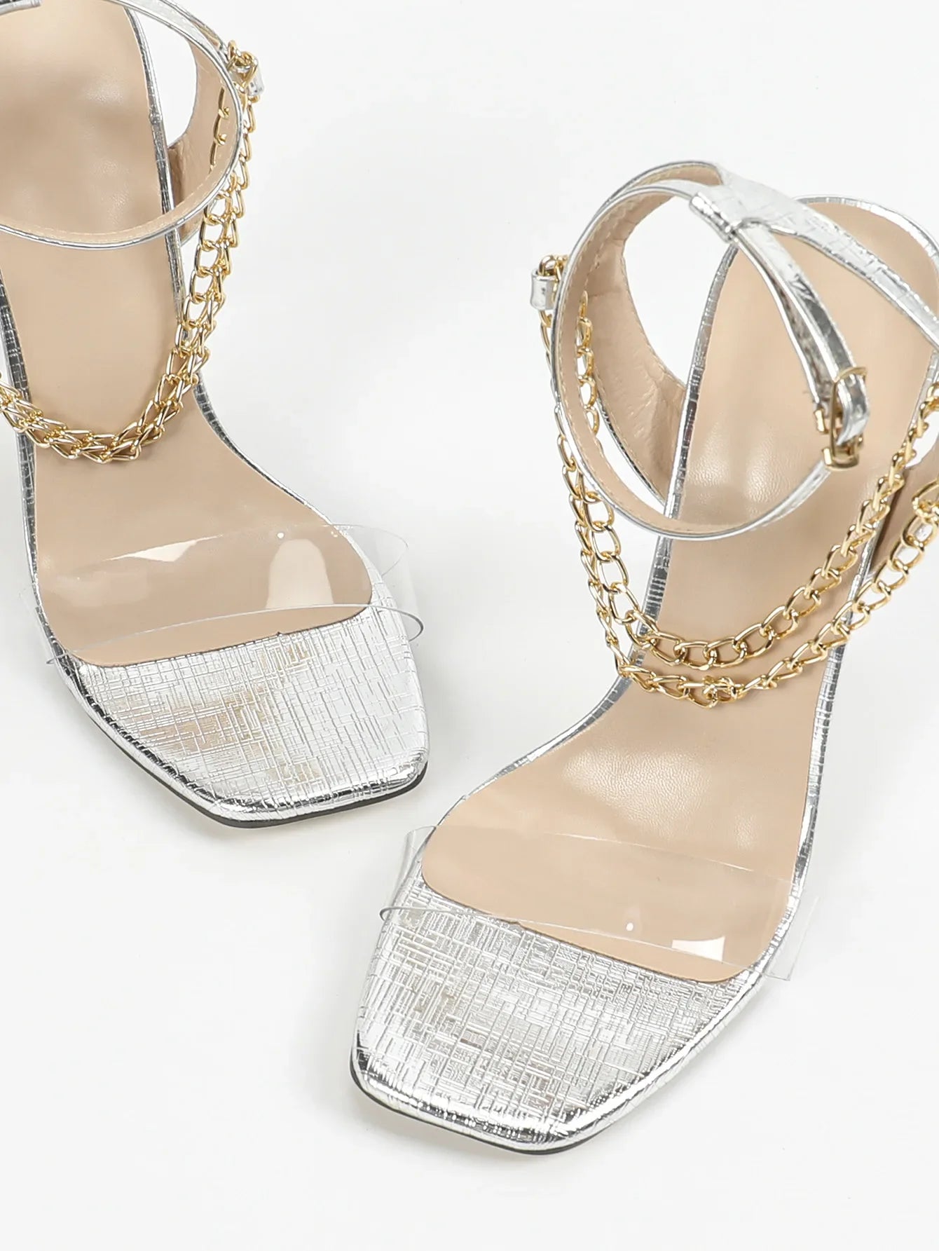 Women's Sexy High Heels Glass Glue Metal Chain Footwear Square Head Thin Heel Sandals Cross-Border Rubber Bottom Shoes