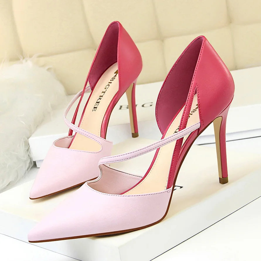 Women 9.5cm High Heels Sandals Nightclub Stripper Heels Sexy Patchwork Party Ankle Strap 2 tone Shoes