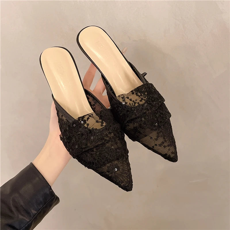 French-style Lace Toe Half-toe Sandals for Women Worn on Top with A Pair of Mesh Tulle High-heeled Slippers - Natalia Home Fashion