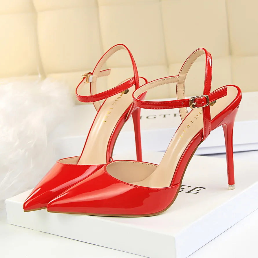 Women 10.5cm High Heels Sandals Lady Metallic Gray Patent Leather Stripper Ankle Strap Sandals Wedding Fetish Nightclub Shoes