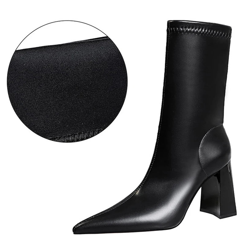 Mid-Calf Boots Chunky Block Heels Women Boots Pointed High-Heeled Boots Lady Pu Leather Boots Autumn Winter Shoes