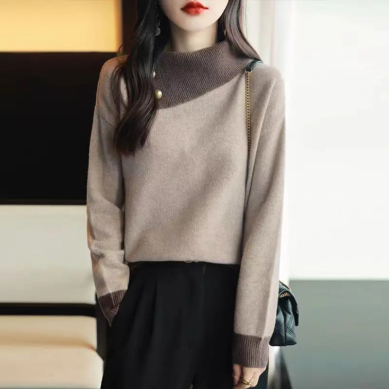 Sweaters Women Contrast Color Button Patchwork Chic Long Sleeve Loose Pullovers Knitted Tops