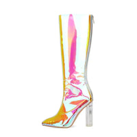 Women Knee High Boots, Transparent PVC Long, Sexy Pole Dance Shoes, Pointed Toe, Colorful
