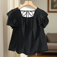 Loose Summer Top Black Square Collar Short Sleeve Women's Fashion plus Size Clothing Breathable Comfortable Cotton Fabric