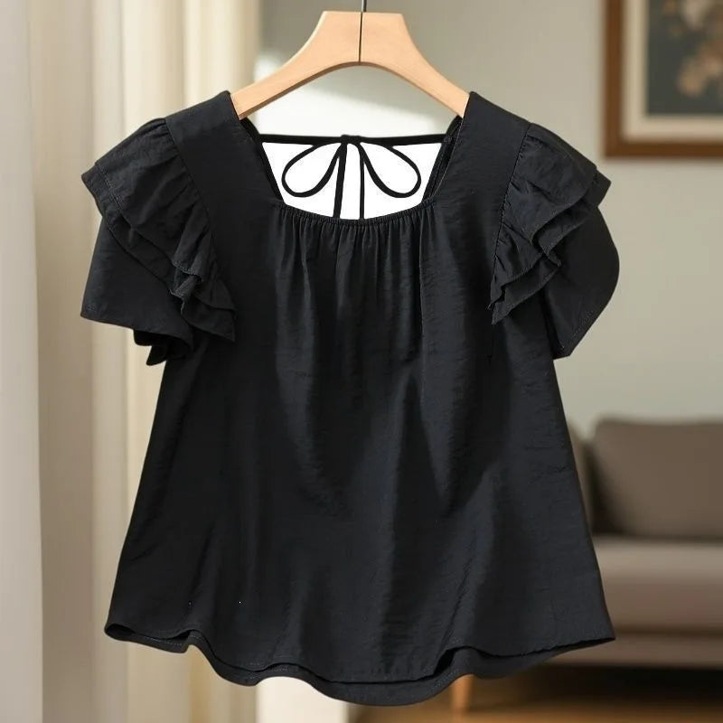 Loose Summer Top Black Square Collar Short Sleeve Women's Fashion plus Size Clothing Breathable Comfortable Cotton Fabric