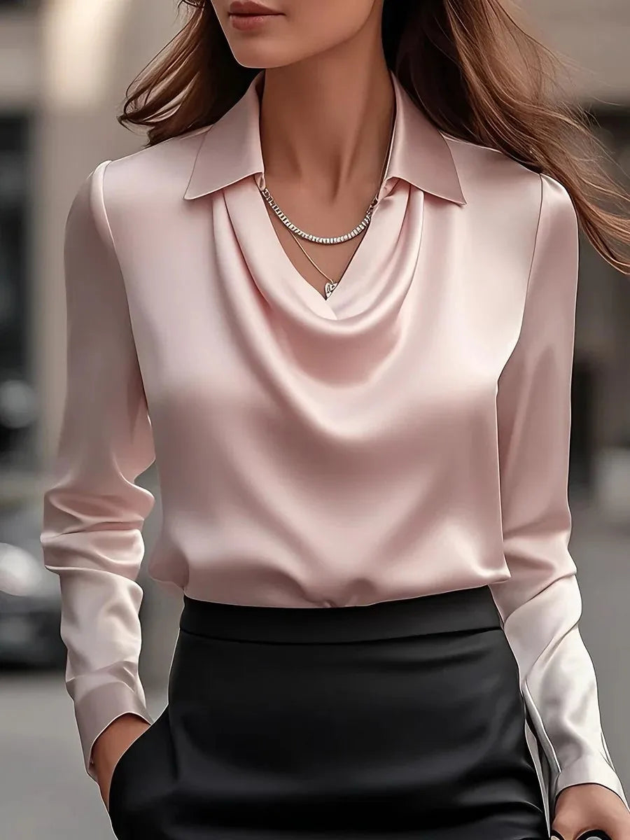 Elegant Simple Shirt Collar Women's Top Independent Polyester Lycra Blend Long Sleeve