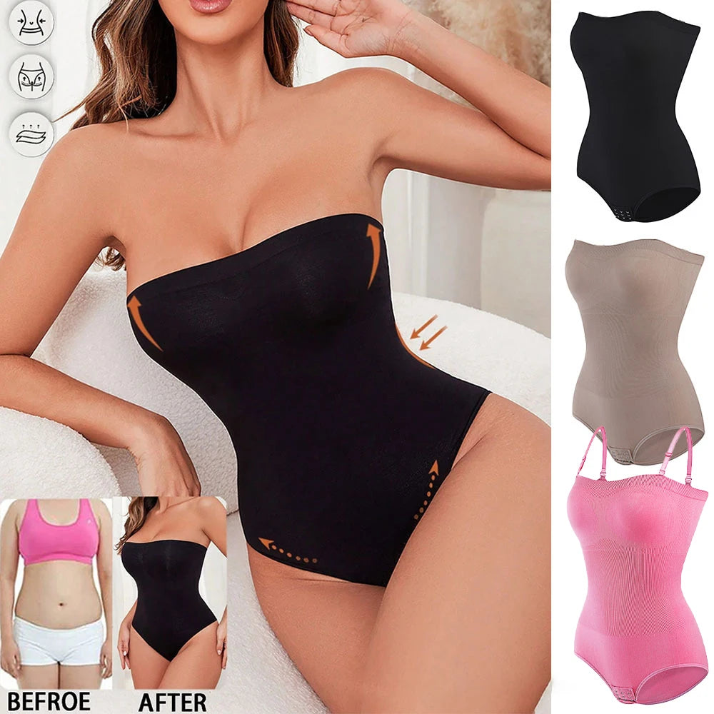Strapless Short Bodysuit for Women Tummy Control Shapewear Seamless Sculpt Body Shaper with Removable Straps