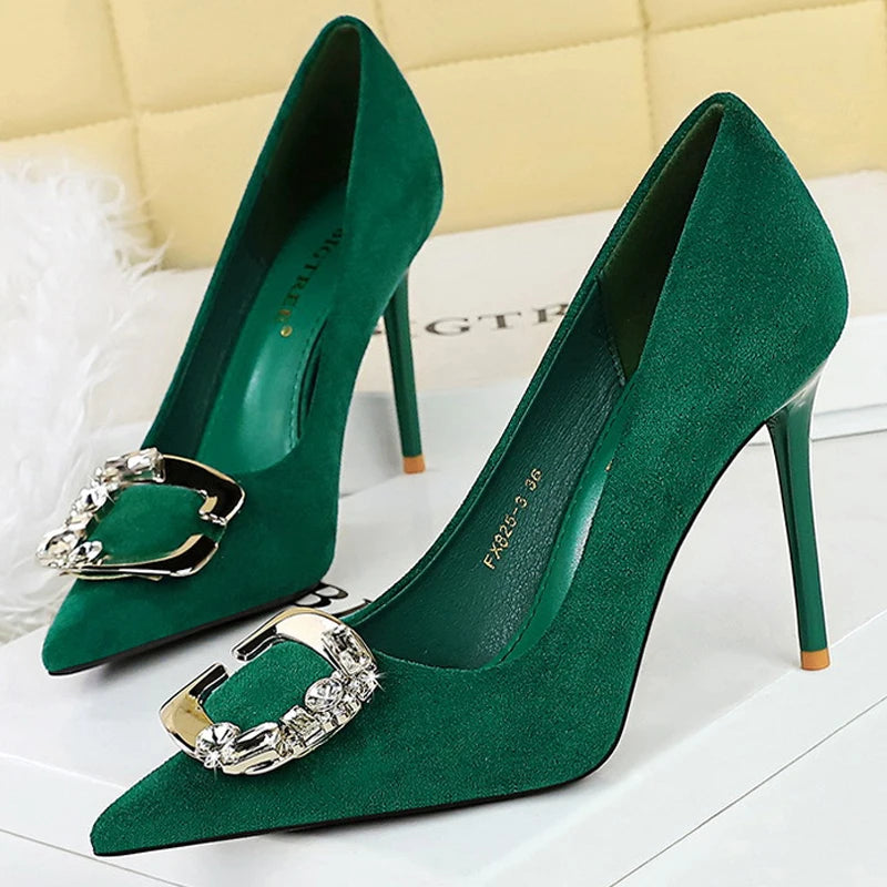 Metal Rhinestone Belt Buckle Women Pumps Suede High Heels Luxury Banquet Shoes Sexy Party Shoes Women Stilettos - Natalia Home Fashion