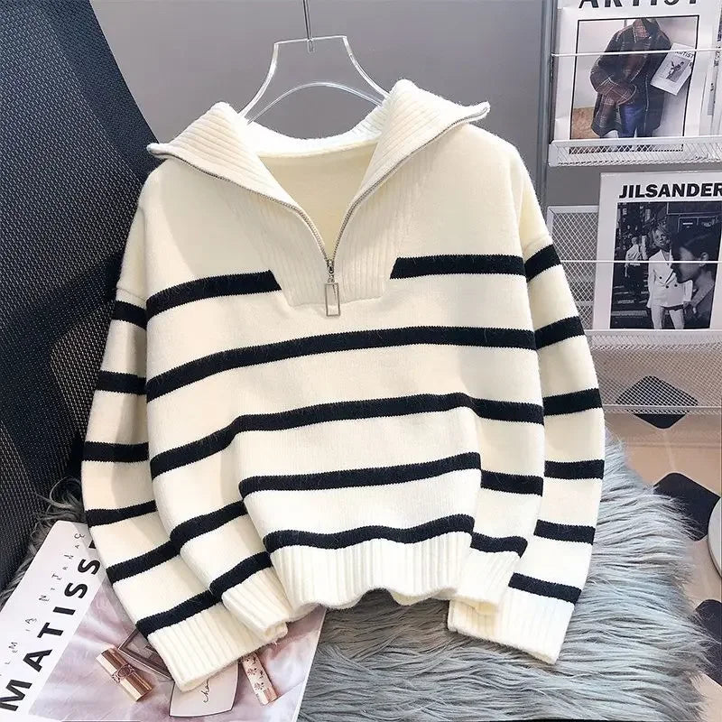 Women's Sweater Interior Short Style Popular High End Fashion Zipper Striped Hoodie Collar Natalia Home Fashion    Natalia Home Fashion