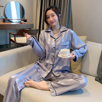 Striped Satin Pajamas Women Jacquard Loungewear Long Sleeve Trousers Two-Piece Set Solid Color Roll-Neck Cardigan Sleepwear