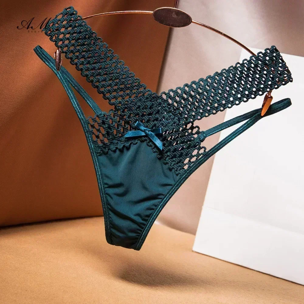 Women's Panties Cross Cut Ice Silk Thong Sports Fashion Perspective Low Waist Ribbons sexy lingerie thongs