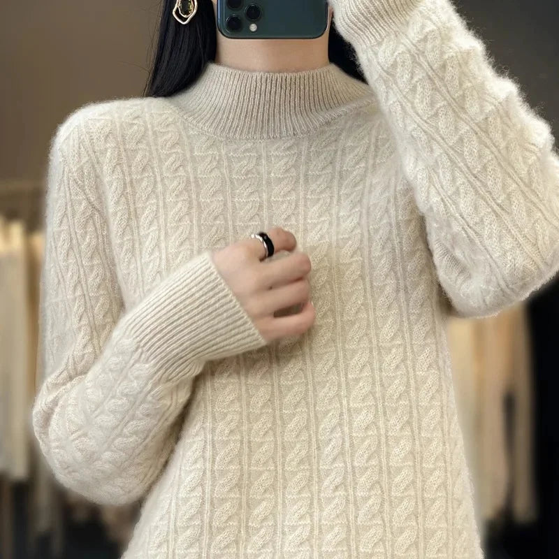 Thickened Pure Wool Knitted Sweater Women's Pullover Half High Collar Cashmere Base Layer Style