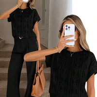 Women's Casual Round Neck Jacquard Short Sleeve Top T-shirt Leisure Commute Women Clothing
