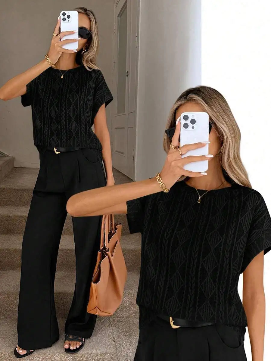 Women's Casual Round Neck Jacquard Short Sleeve Top T-shirt Leisure Commute Women Clothing
