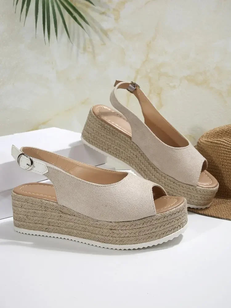 Women's Platform Sandals Summer New Large Size Fish Mouth Slope Heel Stones Pattern Shoes Thick Bottom Clog Casual Slip-On