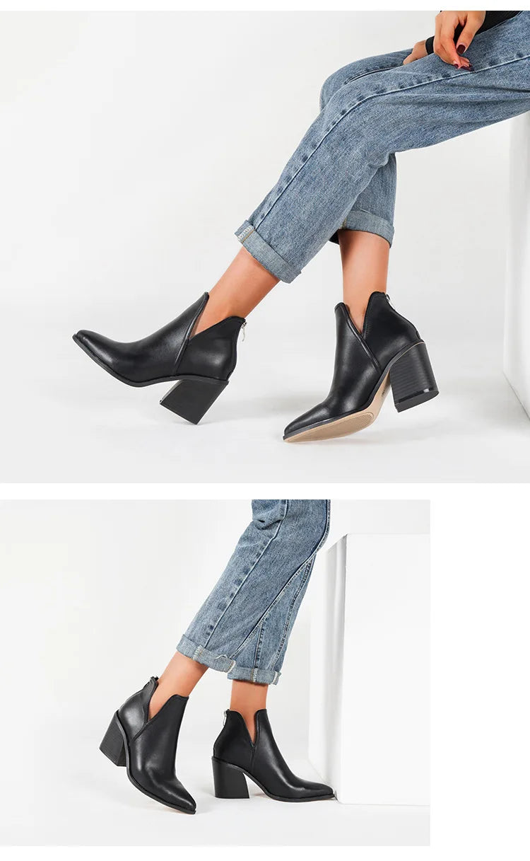 Boots Women Ankle Leopard Mid Heel Shoes Female Slip-On Casual Black Square Heel Booties
