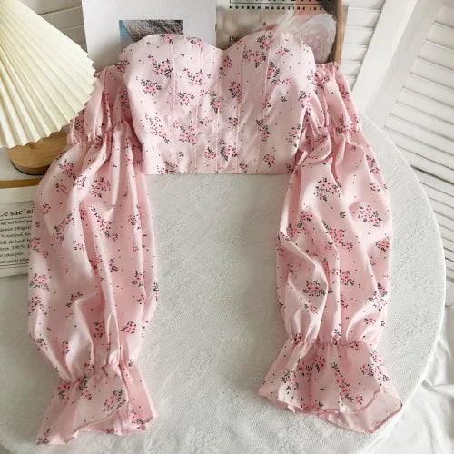 Chic Crop Tops Blouses Women Sexy Lady Slash Neck Flare Sleeve Floral Sweet Long Sleeve Crop top Shirts