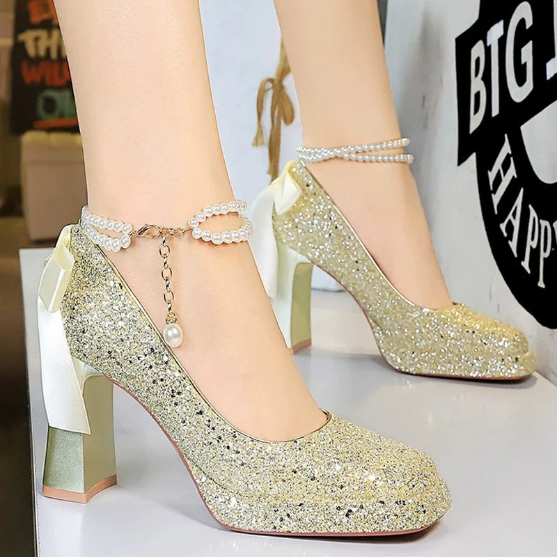 Pearl Chain Design Women Pumps Sequin Platform high heels Square head Thick heeled shoes with Women heels