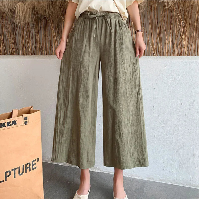 Casual Baggy Wide Leg Trousers Women Summer Thin Comfy Breathable Ankle Length Pants Vintage Loose Cotton Linen Straight Pants