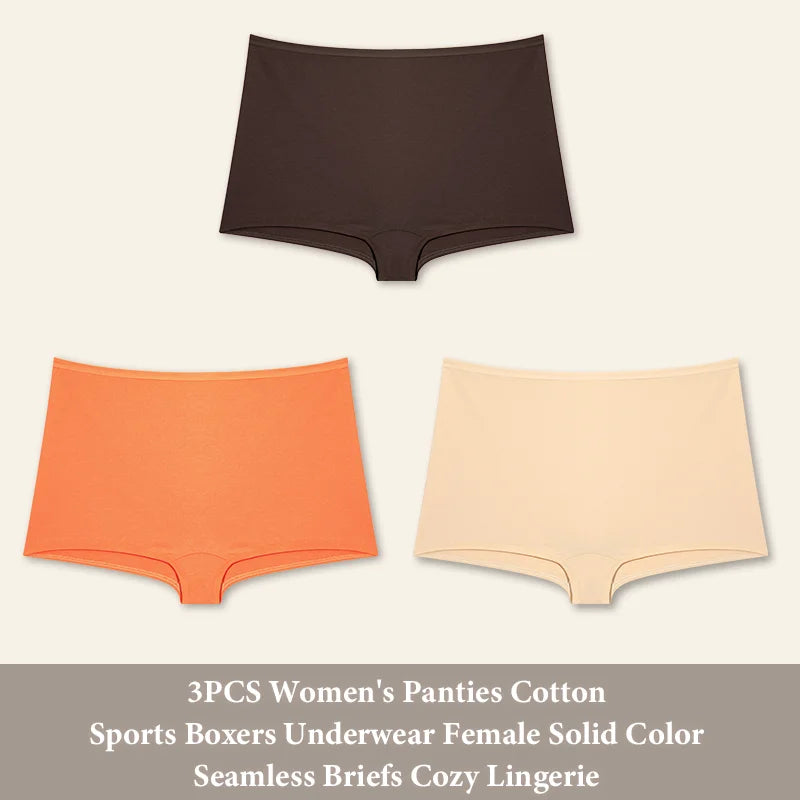 3PCS Women's Panties Cotton Seamless Sports Boxers Underwear Female Solid Color Briefs Cozy Lingerie Intimate Underpants