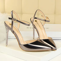 Women 10.5cm High Heels Sandals Lady Metallic Gray Patent Leather Stripper Ankle Strap Sandals Wedding Fetish Nightclub Shoes