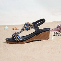 Bohemian Style Thick Heel Sandals Summer Fashion Beach Diamond Women's Shoes round Head Roman Style PU Leather Roman Sandals