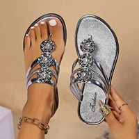 Flip Flops Women's Slippers Summer Silver Floral Sandals Flat Casual Shoes Ladies Clip Toe Slippers Women Outdoor Beach Slides Natalia Home Fashion    Natalia Home Fashion