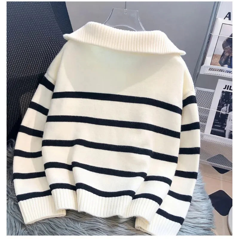 Women's Sweater Interior Short Style Popular High End Fashion Zipper Striped Hoodie Collar Natalia Home Fashion    Natalia Home Fashion
