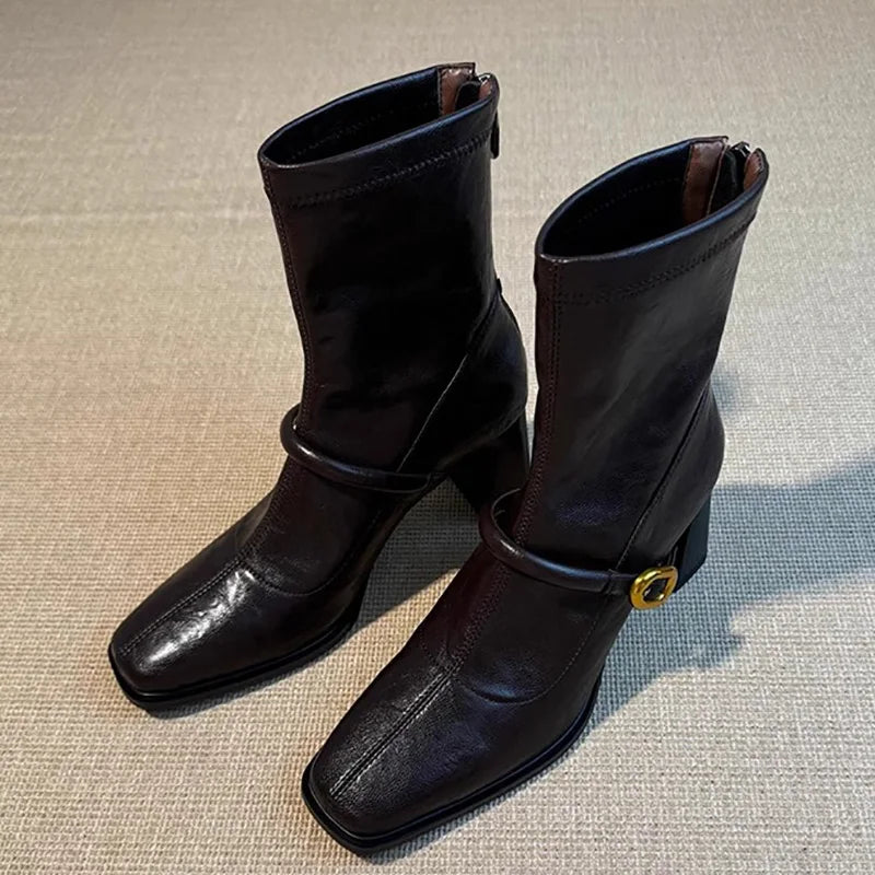 Thick Heel Elastic Slim Women Ankle Boots Fashion Square Toe Autumn Winter Ladies Elegant Mordern Short Booties