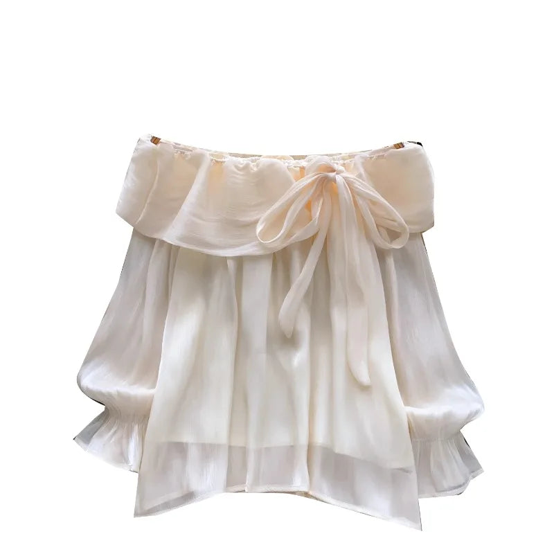 Blouses Design Sense Niche Chic Off Shoulder Shirt Women's French Gentle Style Loose Versatile Western-style Flowing Mesh Top