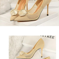 Women's Sexy Nightclub Pole Dancing Show Thin Heels High Mesh Hollowed Out Satin Rose Flower Woman Pumps