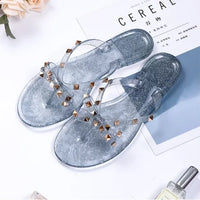 Women Jelly Slippers Rivets Studs Bow-Knot Leisure Daily Flip-Flops For Raining Days Anti-Slip Flat Slippers